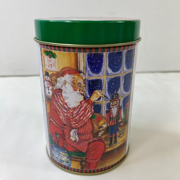 Set Of 2 Vintage Christmas Santa Claus Carousel Window Tin Canisters With Lids - Picture 7 of 16